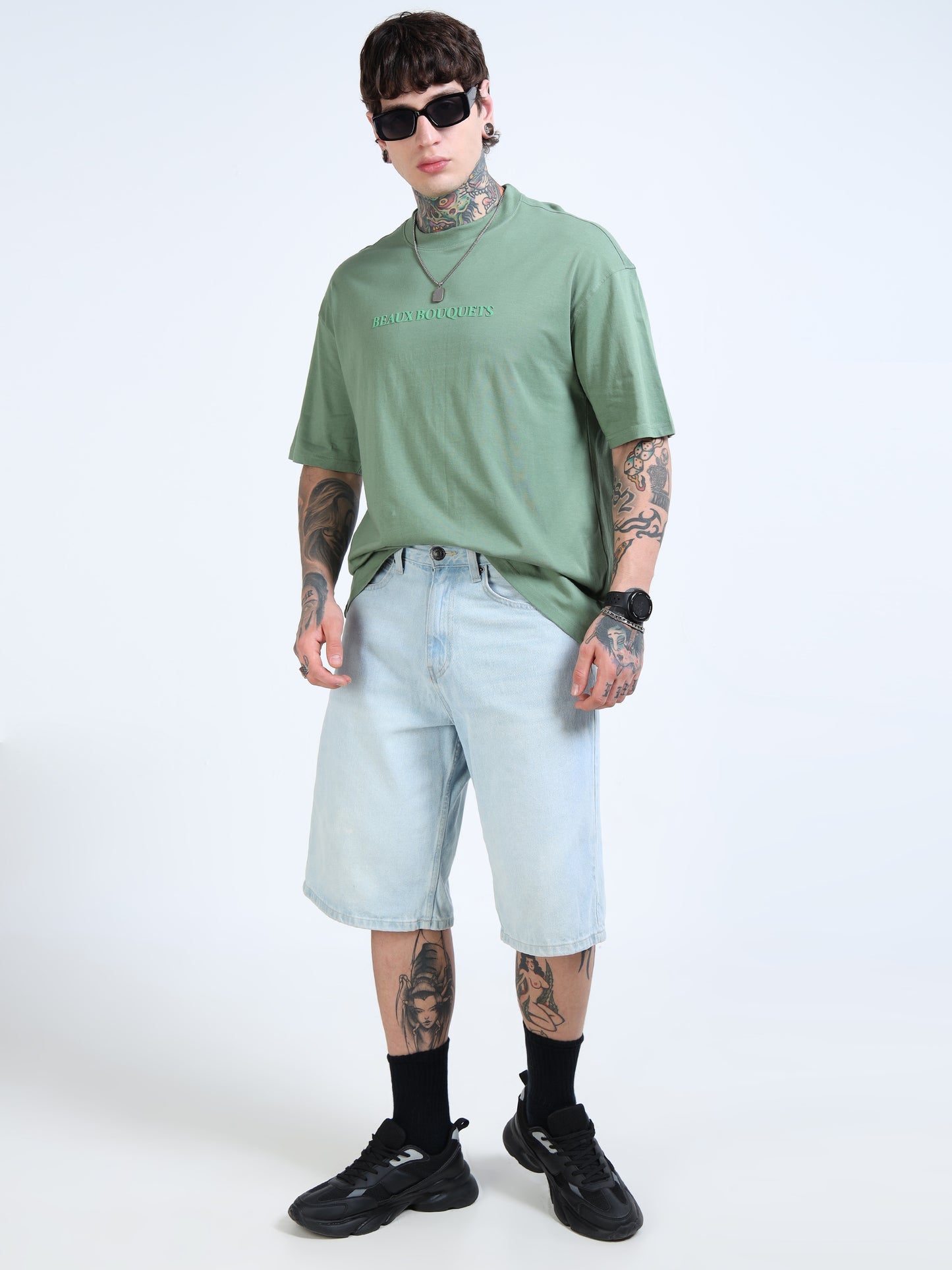 Men’s Green Beaux Bouquets Oversized T-Shirt | Pure Cotton Drop Shoulder Floral Graphic Casual Tee