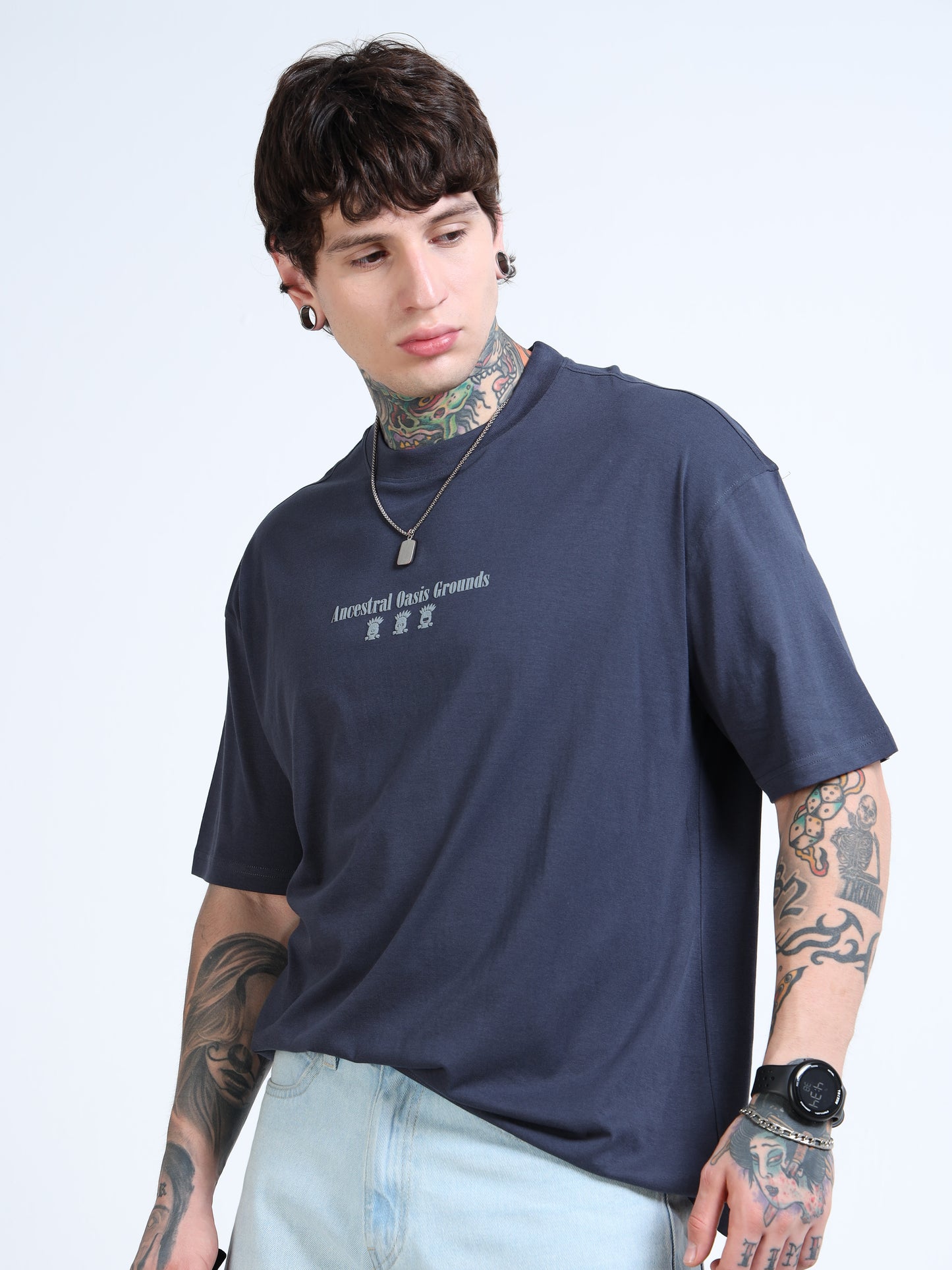 Men’s Steel Grey Oversized T-Shirt – 100% Pure Cotton Drop Shoulder Printed Te