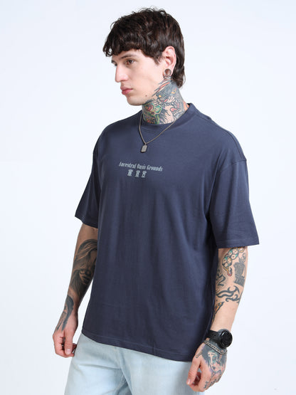 Men’s Steel Grey Oversized T-Shirt – 100% Pure Cotton Drop Shoulder Printed Te