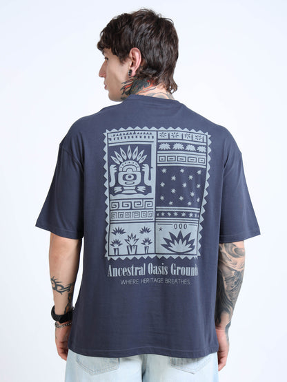 Men’s Steel Grey Oversized T-Shirt – 100% Pure Cotton Drop Shoulder Printed Te