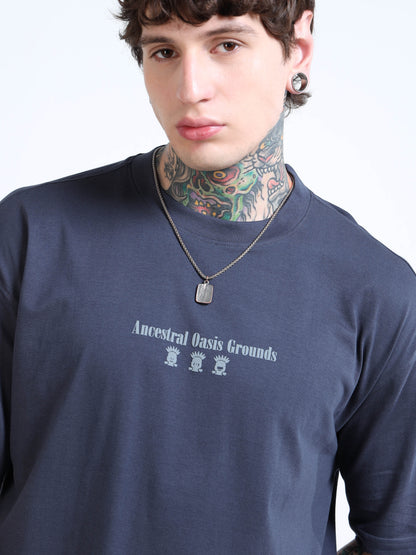 Men’s Steel Grey Oversized T-Shirt – 100% Pure Cotton Drop Shoulder Printed Te