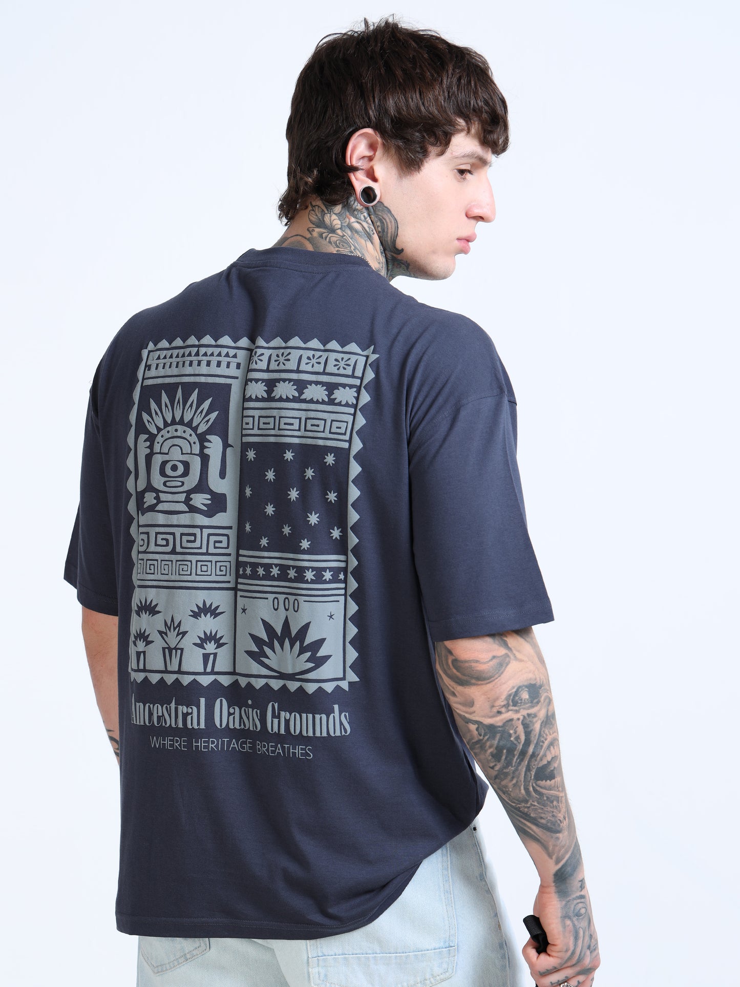 Men’s Steel Grey Oversized T-Shirt – 100% Pure Cotton Drop Shoulder Printed Te