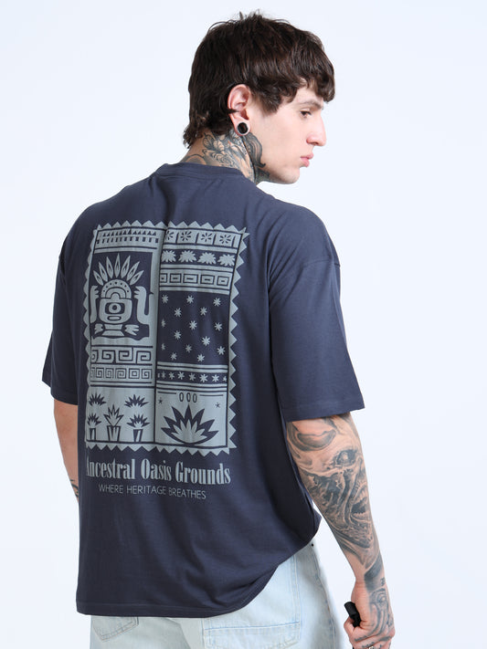 Men’s Steel Grey Oversized T-Shirt – 100% Pure Cotton Drop Shoulder Printed Te
