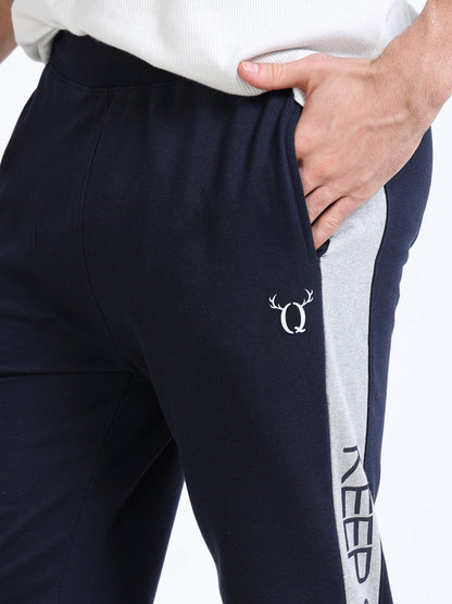 Men’s Navy Blue Regular Fit Joggers | Mid-Rise | Printed Details | Elasticated Waist