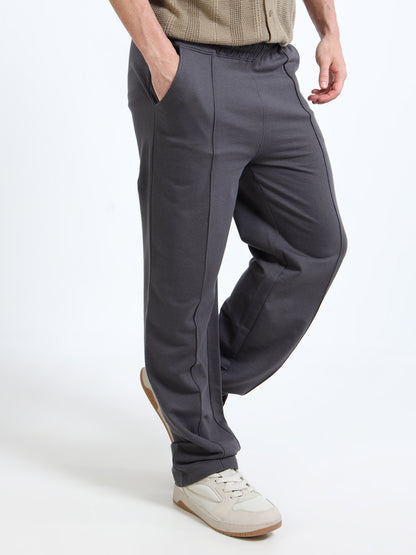 Premium Steel Grey Printed Track Pants for Men | Slip-On Closure | Cotton Blend