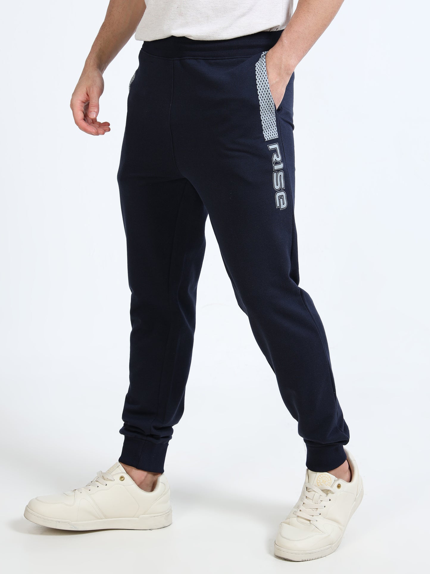 Stylish Men’s Navy Blue Joggers | Printed Design | Mid-Rise | Casual & Gym