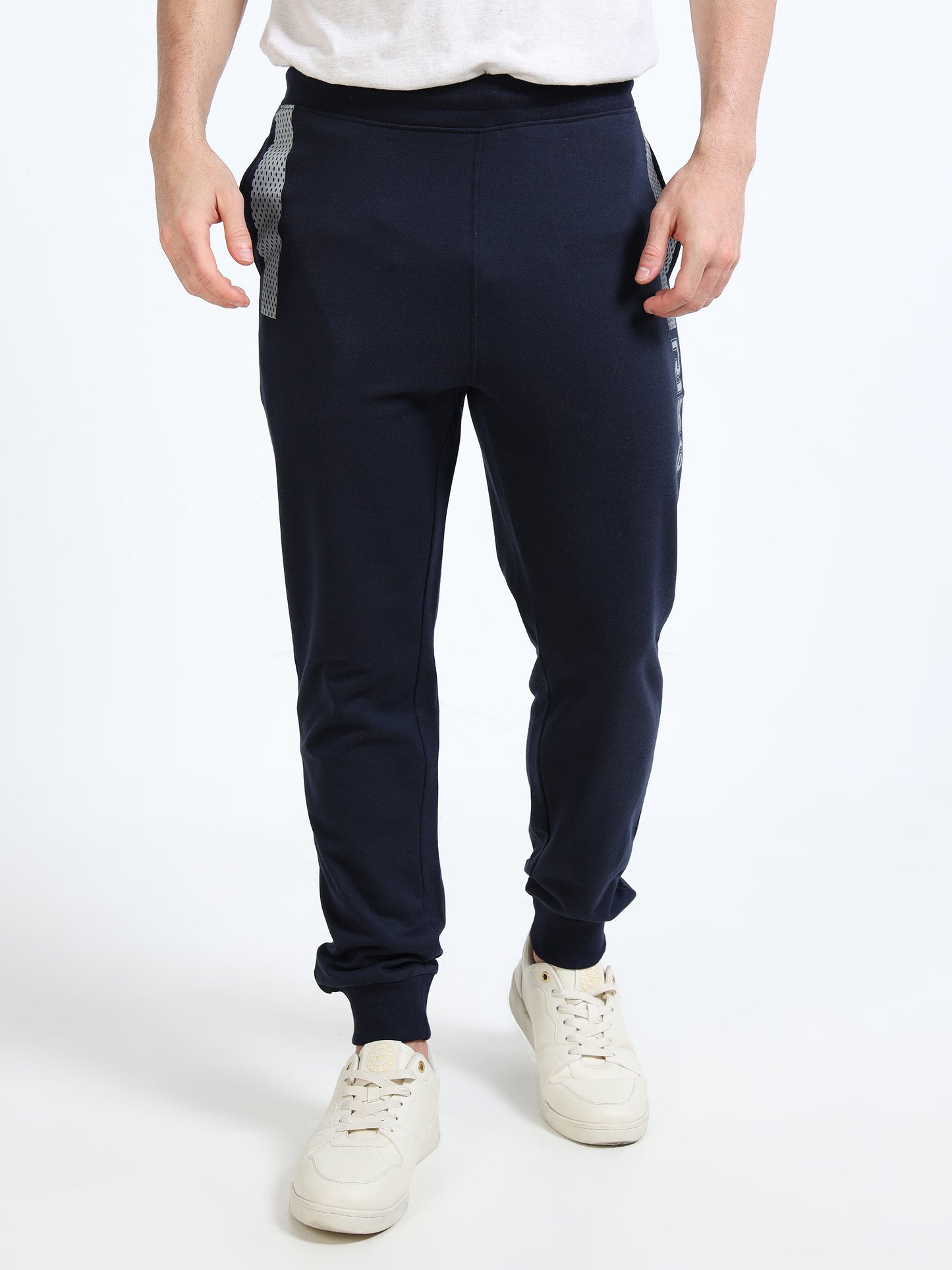 Stylish Men’s Navy Blue Joggers | Printed Design | Mid-Rise | Casual & Gym