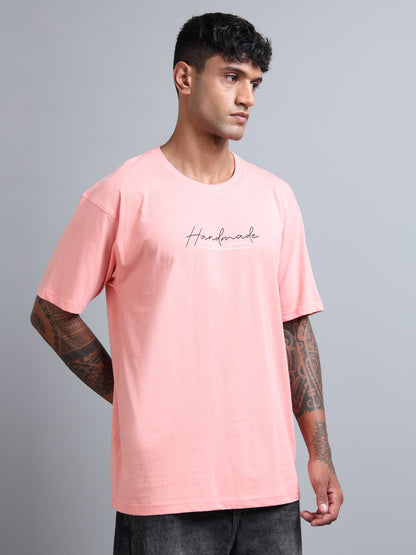 Men’s Oversized Tee – Pure Cotton Coral Minimal Typography T-Shirt