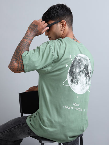 Mens Orbit Moon Graphic Olive Oversized T-Shirt – Pure Cotton Drop Shoulder Tshirt