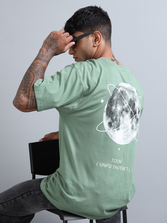 Mens Orbit Moon Graphic Olive Oversized T-Shirt – Pure Cotton Drop Shoulder Tshirt