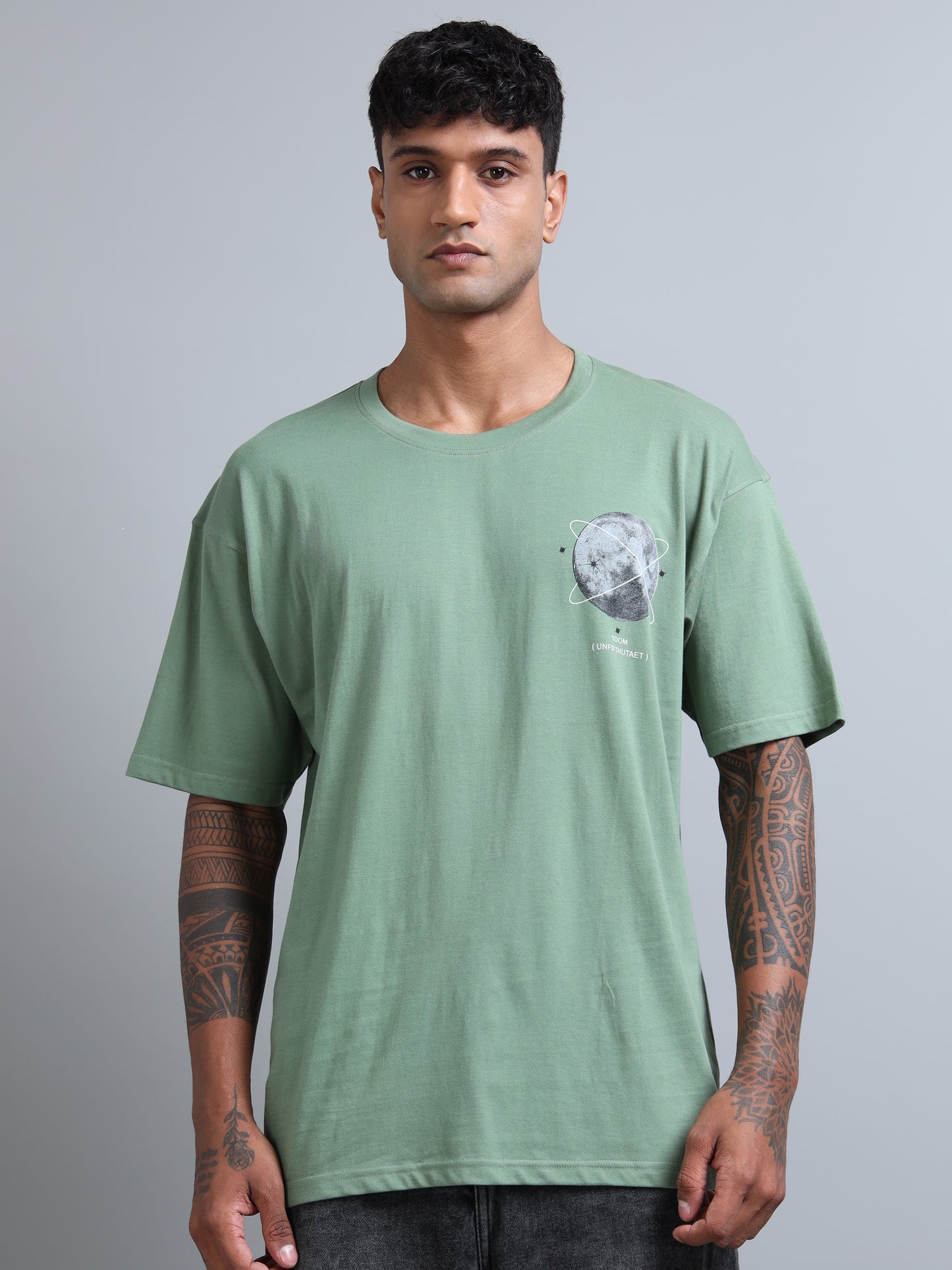 Mens Orbit Moon Graphic Olive Oversized T-Shirt – Pure Cotton Drop Shoulder Tshirt