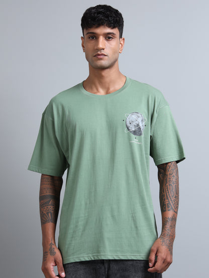 Mens Orbit Moon Graphic Olive Oversized T-Shirt – Pure Cotton Drop Shoulder Tshirt
