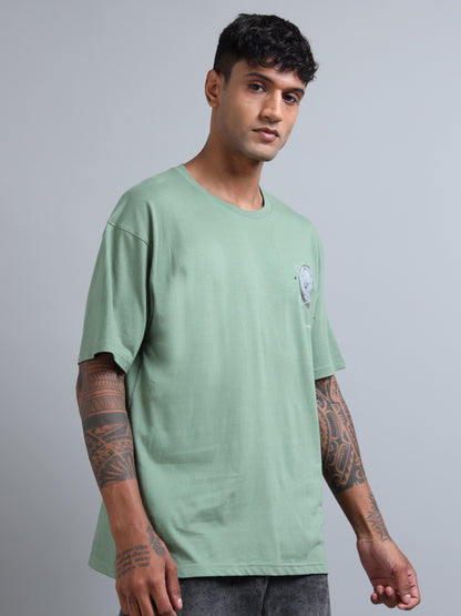 Mens Orbit Moon Graphic Olive Oversized T-Shirt – Pure Cotton Drop Shoulder Tshirt