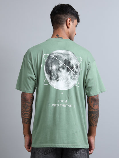 Mens Orbit Moon Graphic Olive Oversized T-Shirt – Pure Cotton Drop Shoulder Tshirt