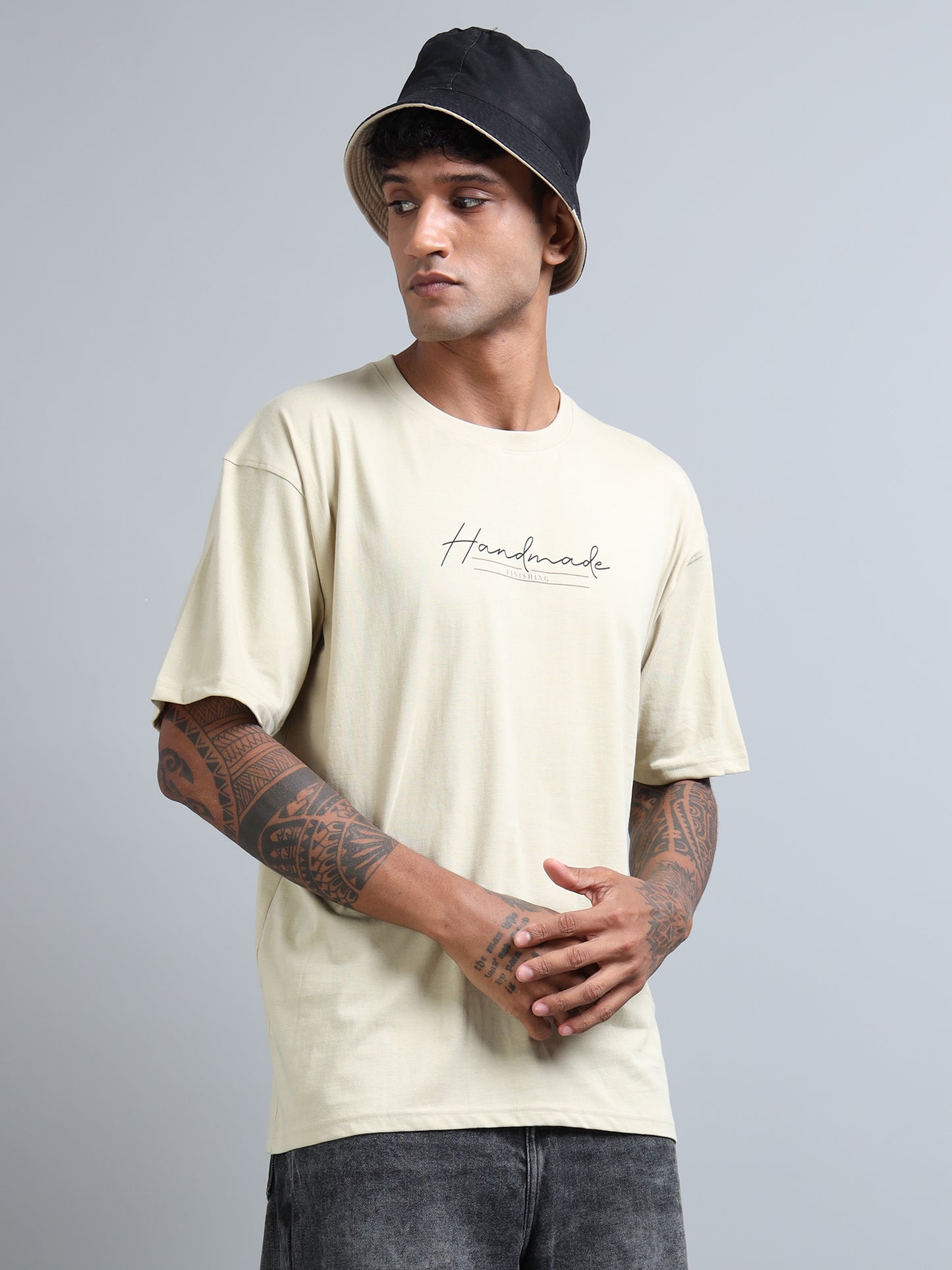 Beige Oversized T-Shirt for Men – Pure Cotton Drop Shoulder Streetwear Tee