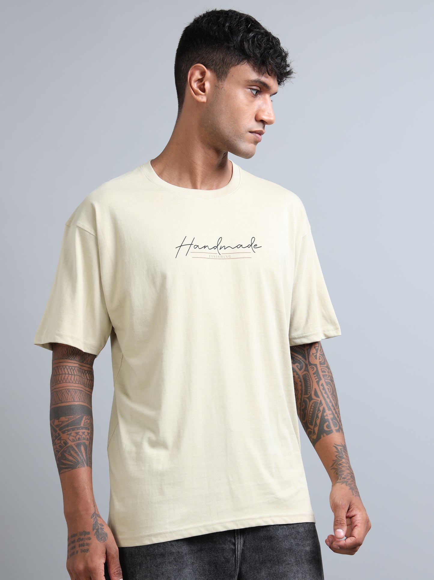 Beige Oversized T-Shirt for Men – Pure Cotton Drop Shoulder Streetwear Tee