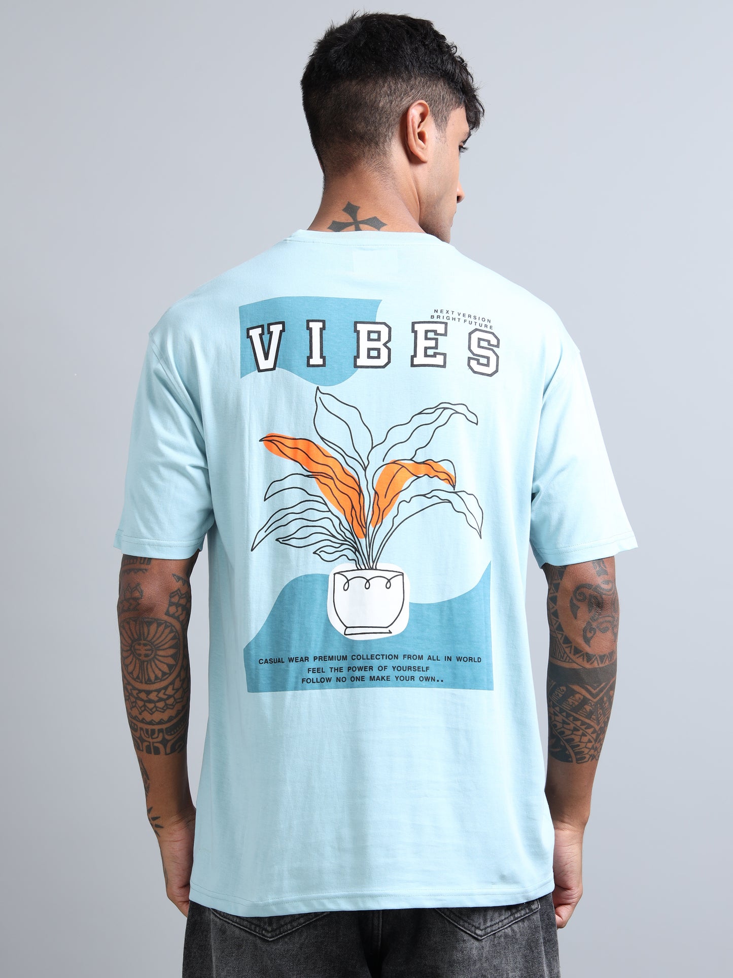 Mens VIBES Graphic Oversized T-Shirt – Pure Cotton Drop Shoulder | Aesthetic Back Print Streetwear