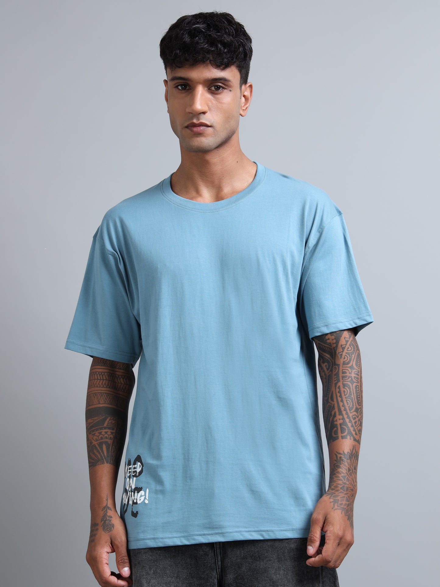 Trendy Men’s Oversized Tee – Sky Blue Drop Shoulder Back Print Streetwear T-Shirt