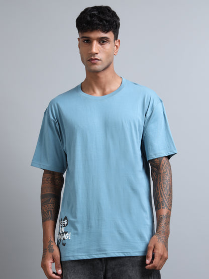 Trendy Men’s Oversized Tee – Sky Blue Drop Shoulder Back Print Streetwear T-Shirt