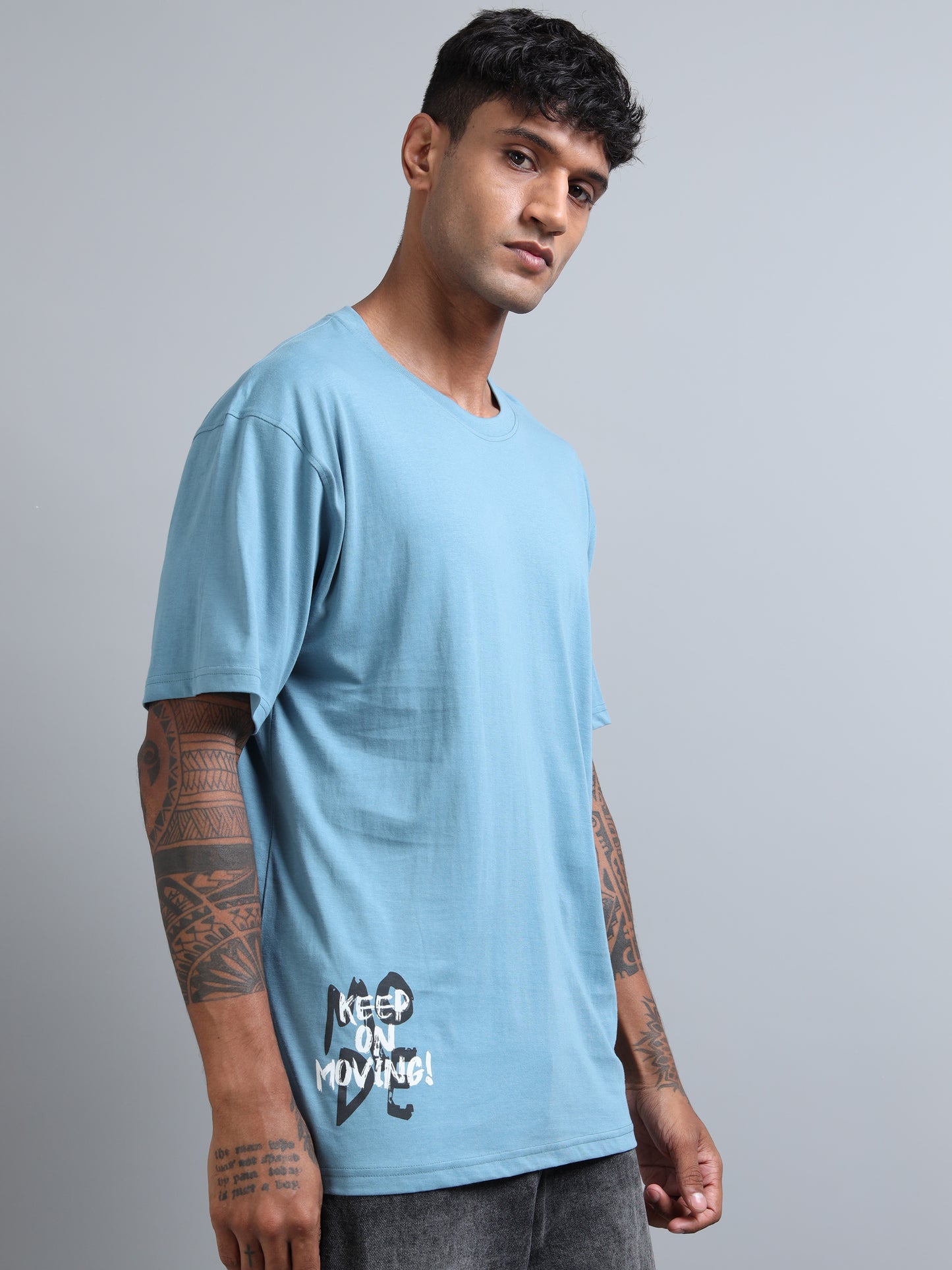 Trendy Men’s Oversized Tee – Sky Blue Drop Shoulder Back Print Streetwear T-Shirt