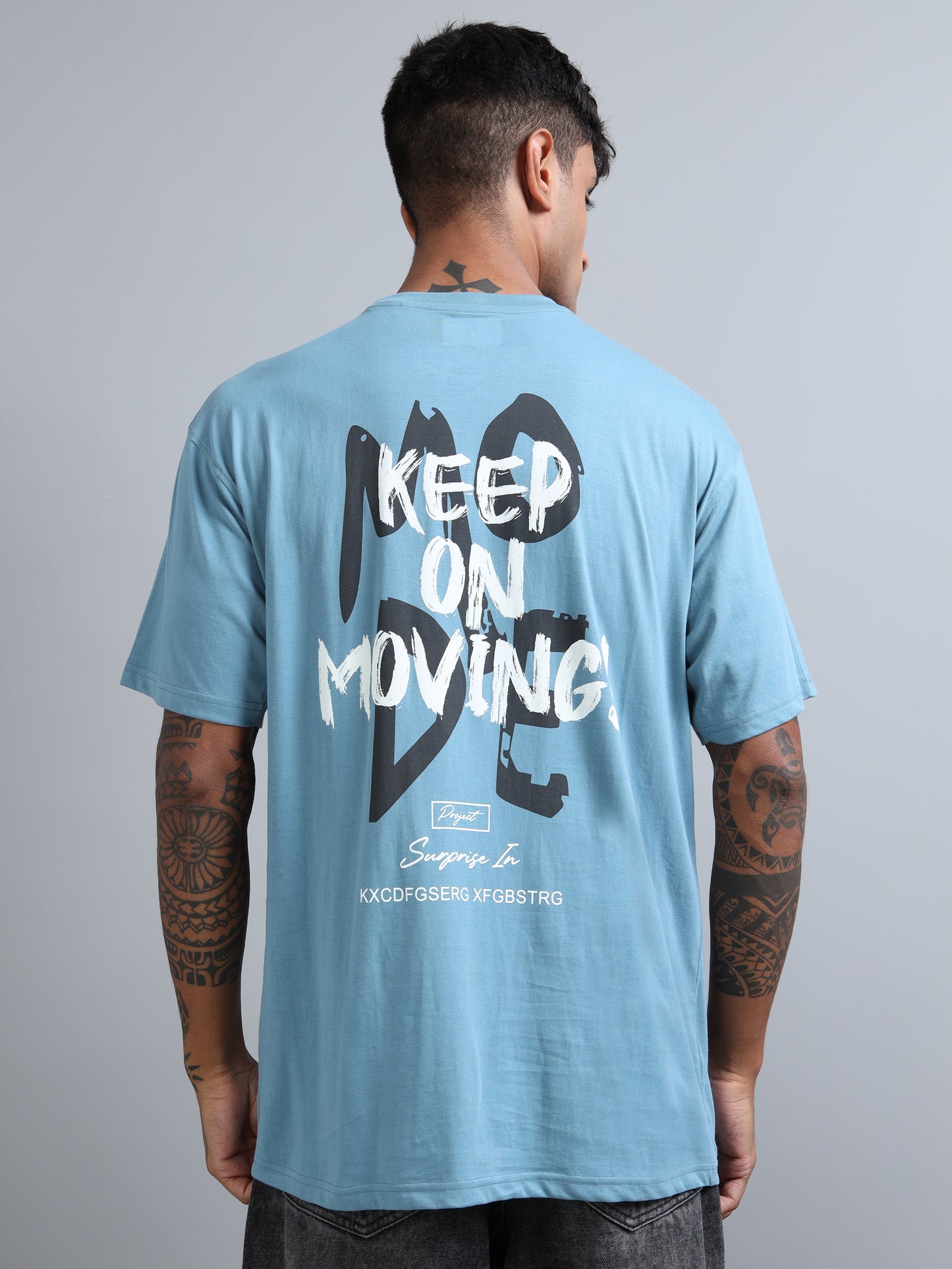 Trendy Men’s Oversized Tee – Sky Blue Drop Shoulder Back Print Streetwear T-Shirt