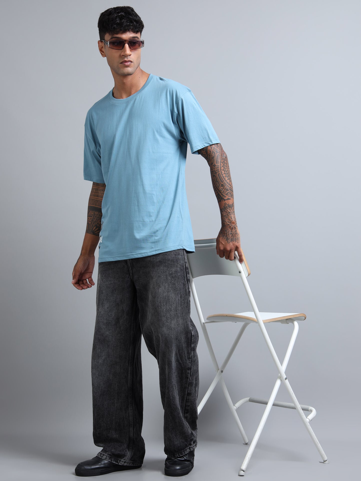 Trendy Men’s Oversized Tee – Sky Blue Drop Shoulder Back Print Streetwear T-Shirt