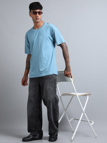 Trendy Men’s Oversized Tee – Sky Blue Drop Shoulder Back Print Streetwear T-Shirt