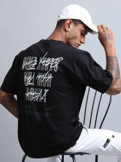 Men Black Typography Back Print Oversized Round Neck T-Shirt