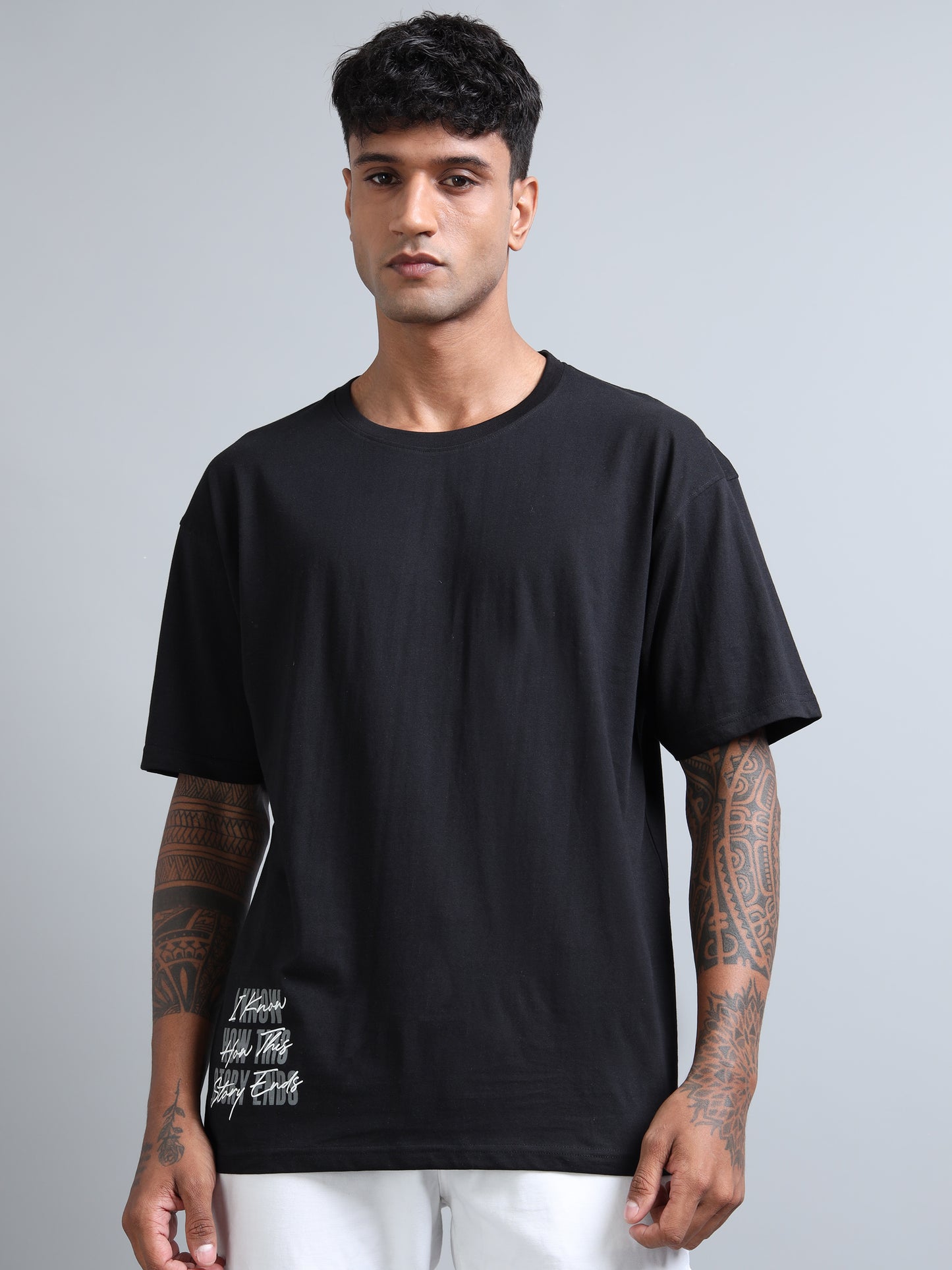 Men Black Typography Back Print Oversized Round Neck T-Shirt