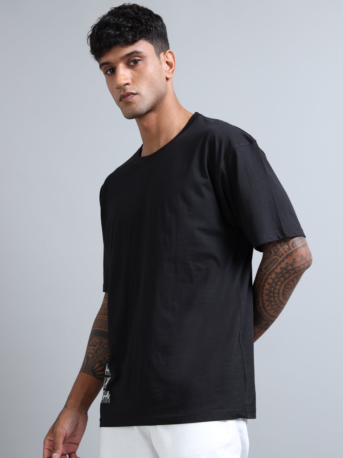 Men Black Typography Back Print Oversized Round Neck T-Shirt