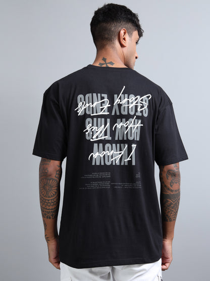 Men Black Typography Back Print Oversized Round Neck T-Shirt