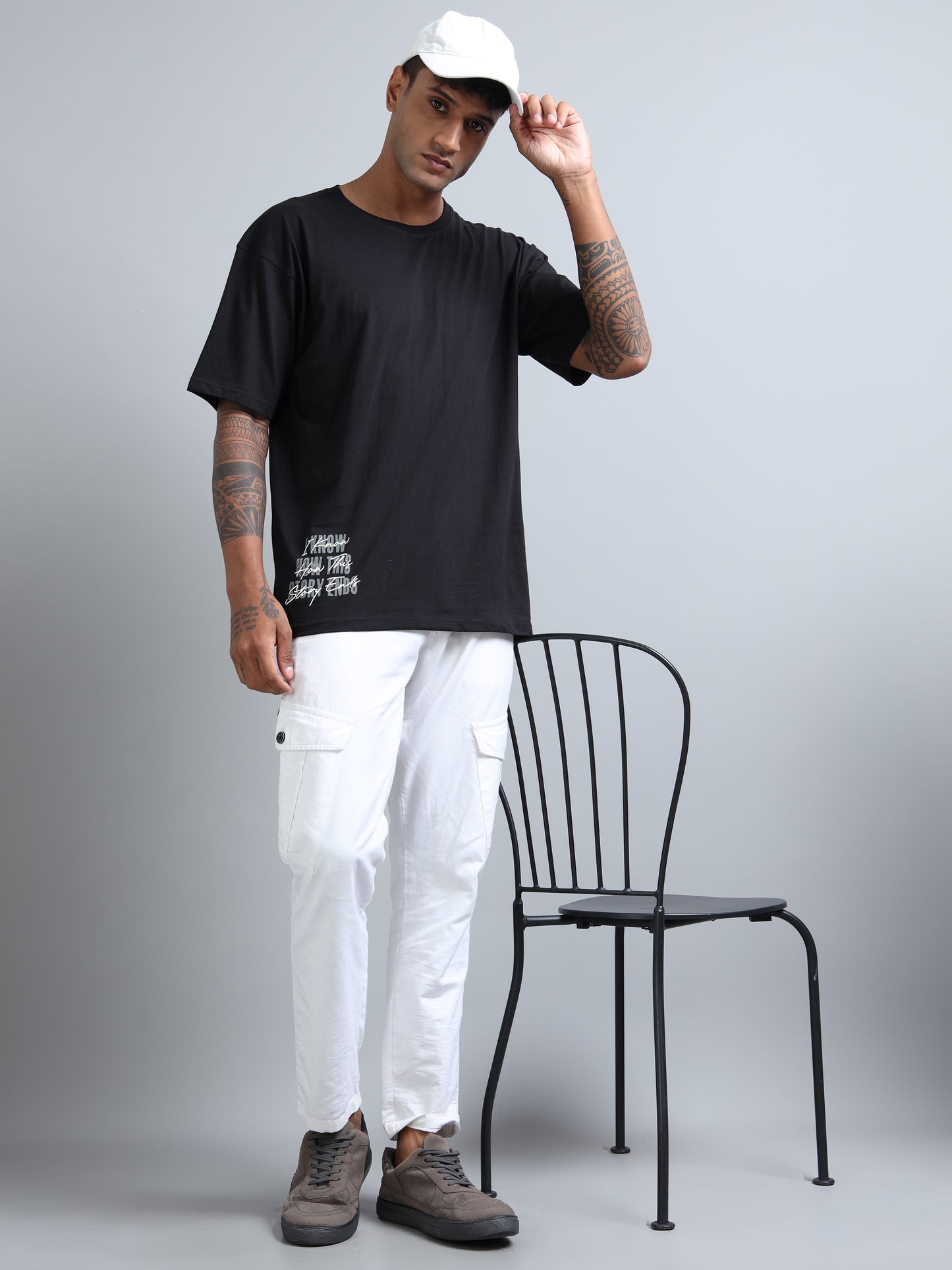 Men Black Typography Back Print Oversized Round Neck T-Shirt