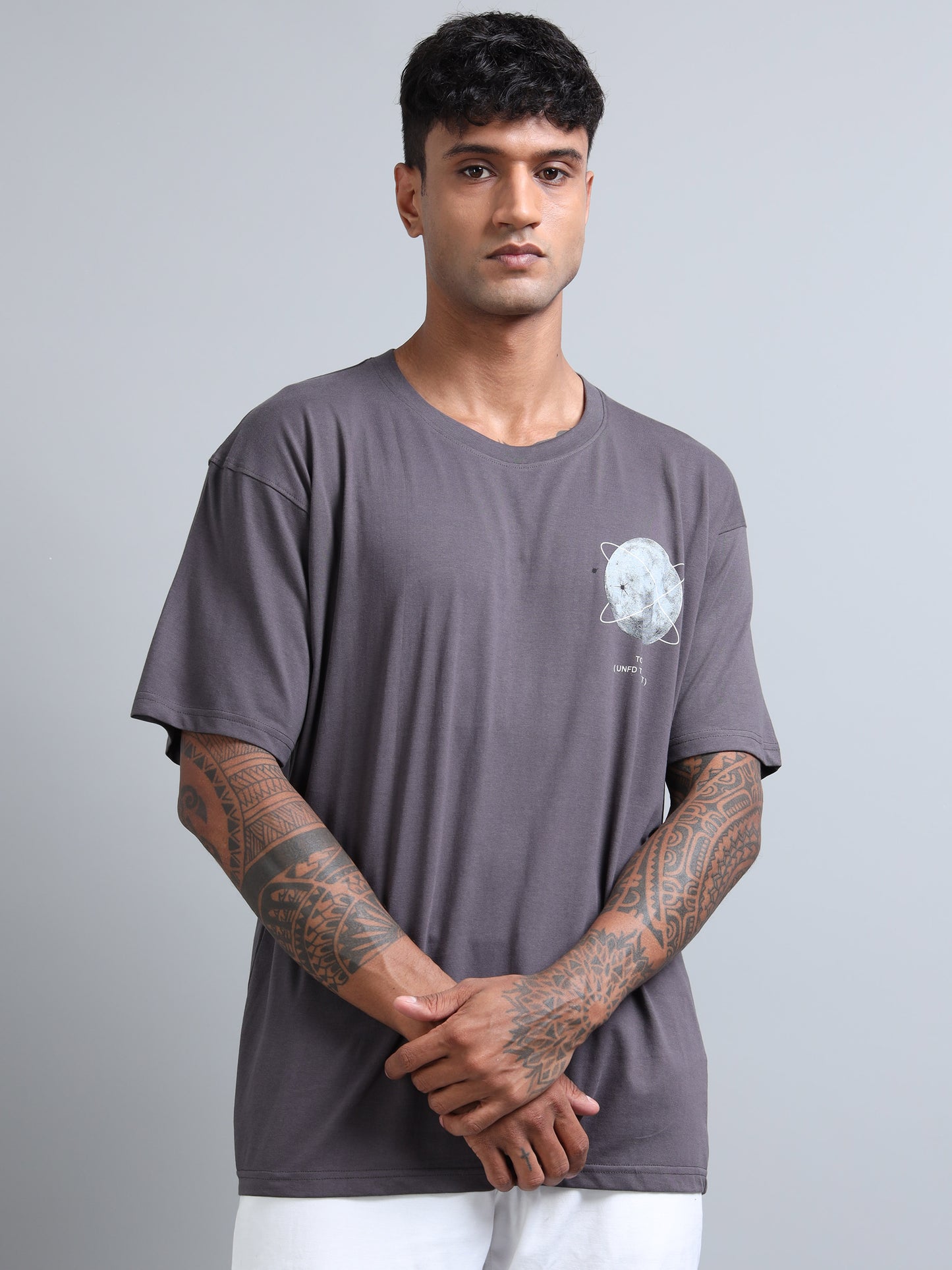 Mens Orbit Moon Graphic Dark grey Oversized T-Shirt – Pure Cotton Drop Shoulder Tshirt