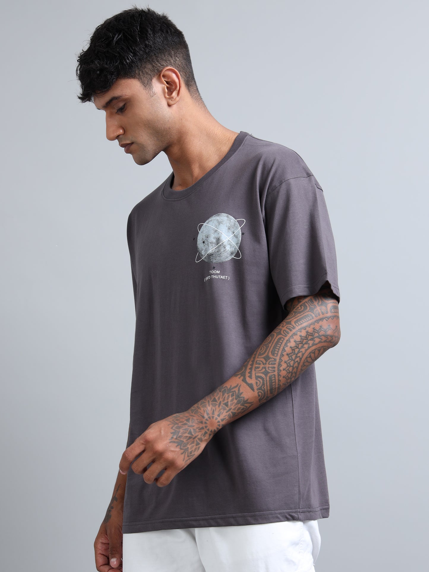 Mens Orbit Moon Graphic Dark grey Oversized T-Shirt – Pure Cotton Drop Shoulder Tshirt