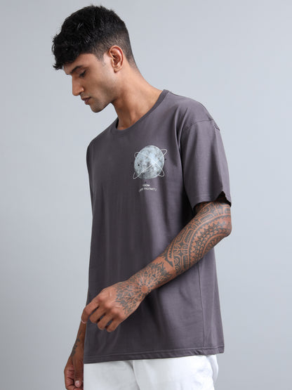 Mens Orbit Moon Graphic Dark grey Oversized T-Shirt – Pure Cotton Drop Shoulder Tshirt