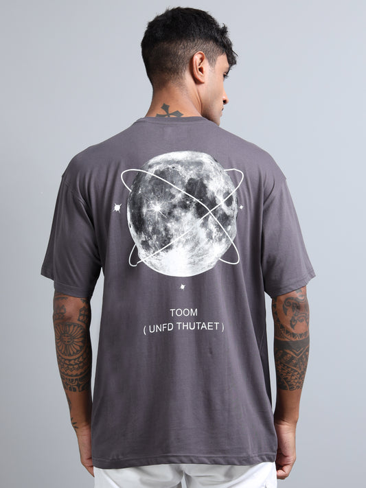 Mens Orbit Moon Graphic Dark grey Oversized T-Shirt – Pure Cotton Drop Shoulder Tshirt