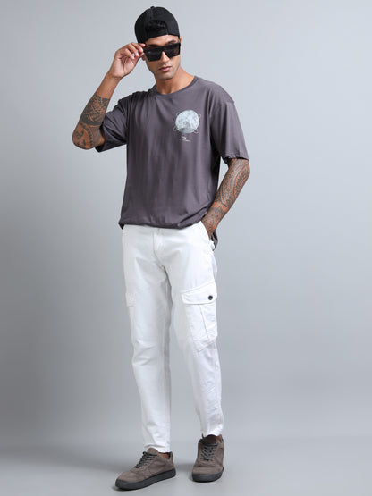 Mens Orbit Moon Graphic Dark grey Oversized T-Shirt – Pure Cotton Drop Shoulder Tshirt