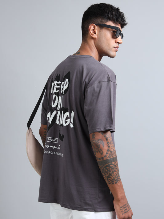 Men’s Oversized Streetwear T-Shirt – Keep On Moving Print | Grey Cotton Tee