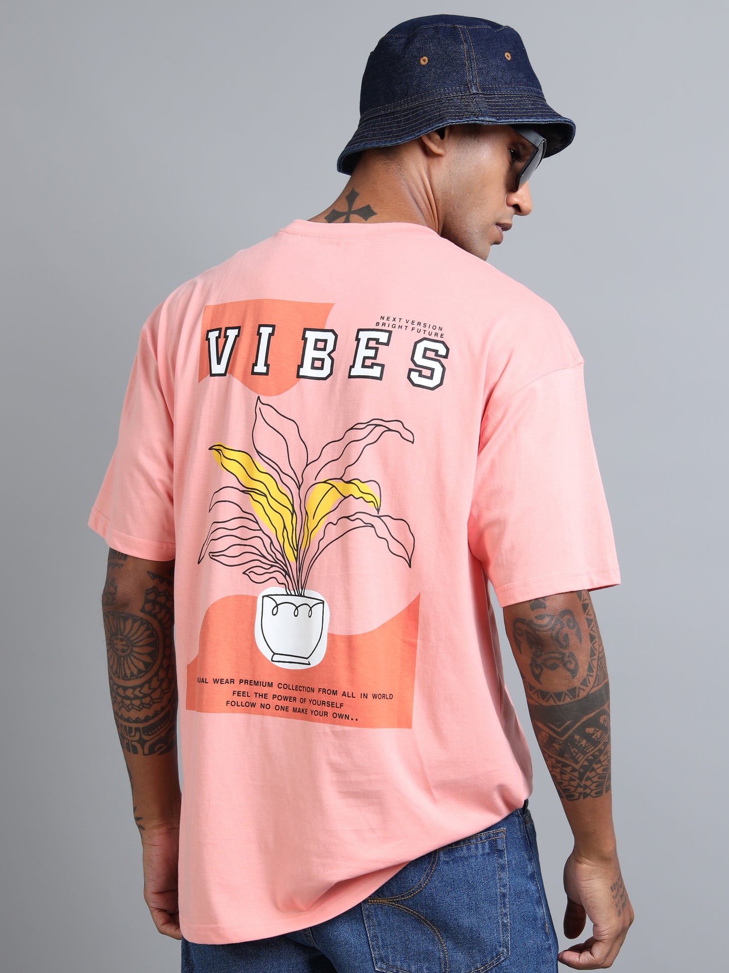 Mens VIBES Coral Oversized T-Shirt – Pure Cotton Drop Shoulder | Aesthetic Back Print Streetwear