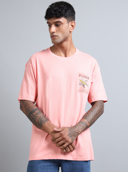 Mens VIBES Coral Oversized T-Shirt – Pure Cotton Drop Shoulder | Aesthetic Back Print Streetwear