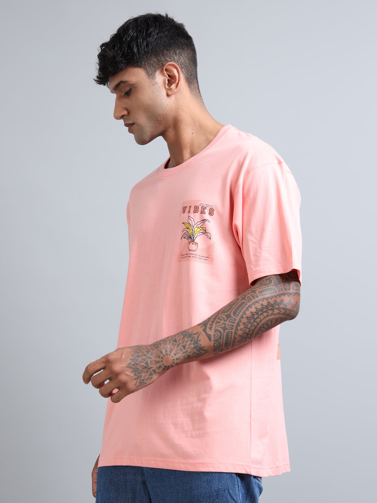 Mens VIBES Coral Oversized T-Shirt – Pure Cotton Drop Shoulder | Aesthetic Back Print Streetwear