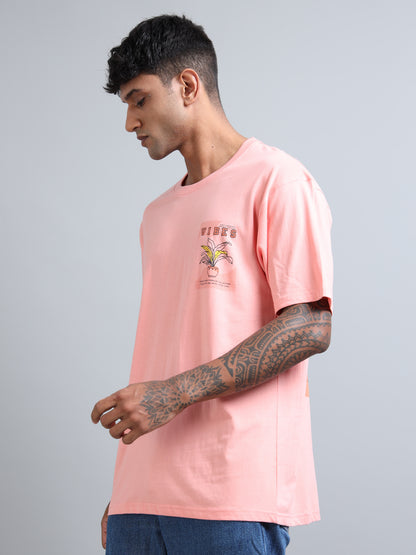 Mens VIBES Coral Oversized T-Shirt – Pure Cotton Drop Shoulder | Aesthetic Back Print Streetwear
