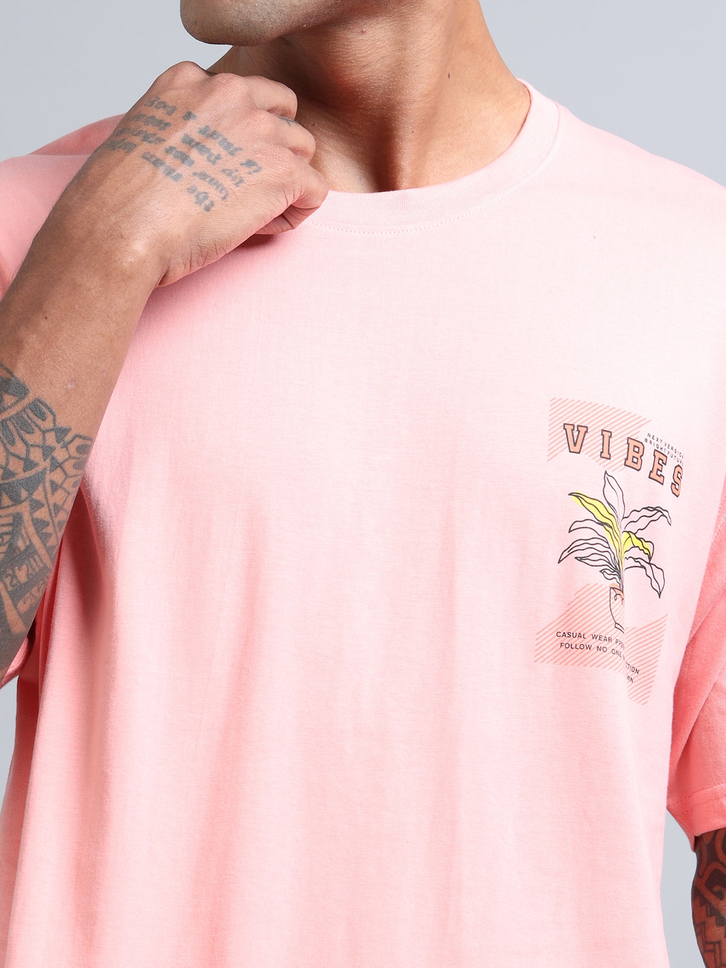 Mens VIBES Coral Oversized T-Shirt – Pure Cotton Drop Shoulder | Aesthetic Back Print Streetwear