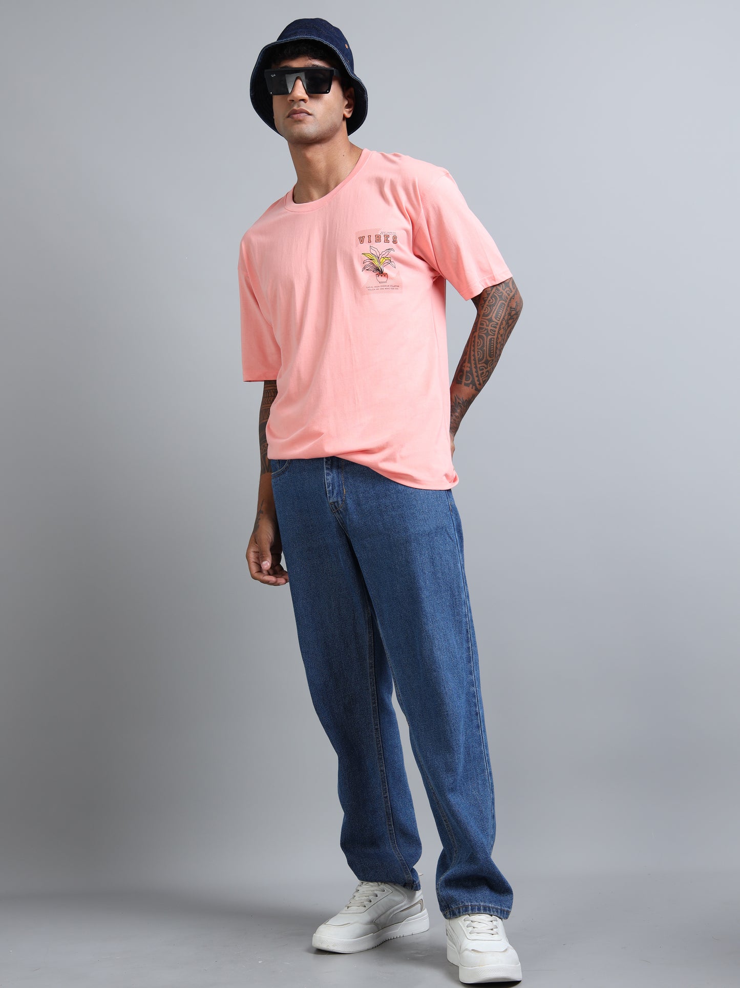 Mens VIBES Coral Oversized T-Shirt – Pure Cotton Drop Shoulder | Aesthetic Back Print Streetwear
