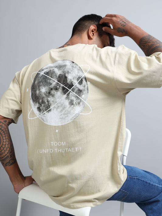 Mens Orbit Moon Graphic Beige Oversized T-Shirt – Pure Cotton Drop Shoulder Tshirt