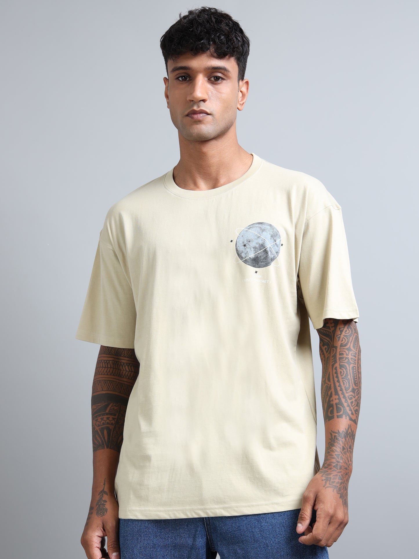 Mens Orbit Moon Graphic Beige Oversized T-Shirt – Pure Cotton Drop Shoulder Tshirt
