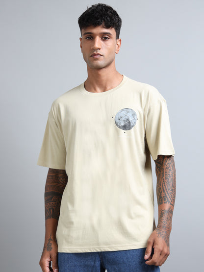 Mens Orbit Moon Graphic Beige Oversized T-Shirt – Pure Cotton Drop Shoulder Tshirt