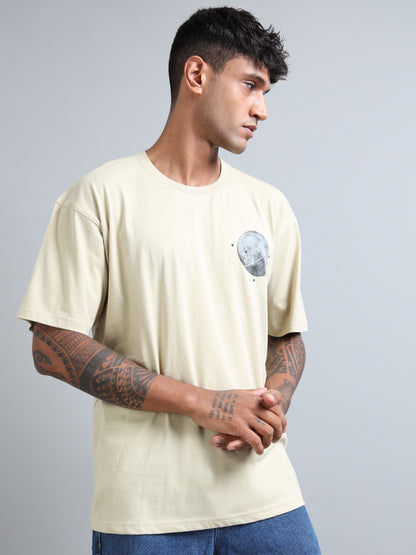 Mens Orbit Moon Graphic Beige Oversized T-Shirt – Pure Cotton Drop Shoulder Tshirt