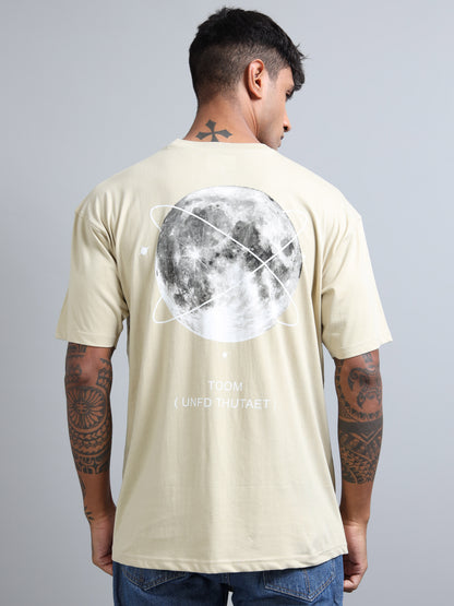 Mens Orbit Moon Graphic Beige Oversized T-Shirt – Pure Cotton Drop Shoulder Tshirt