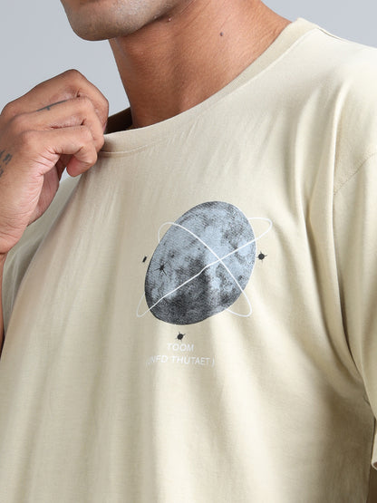 Mens Orbit Moon Graphic Beige Oversized T-Shirt – Pure Cotton Drop Shoulder Tshirt